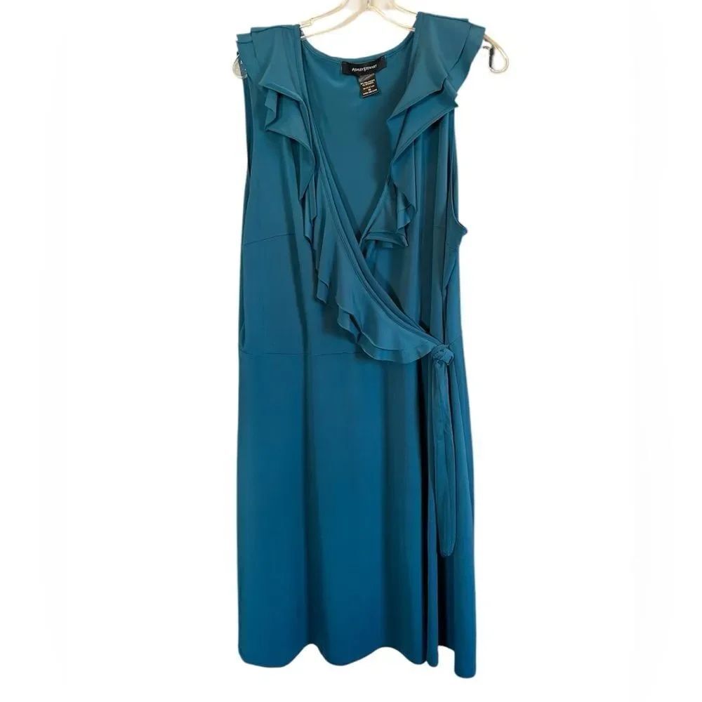 Ashley Stewart Teal Ruffle front Faux Wrap Dress 3X